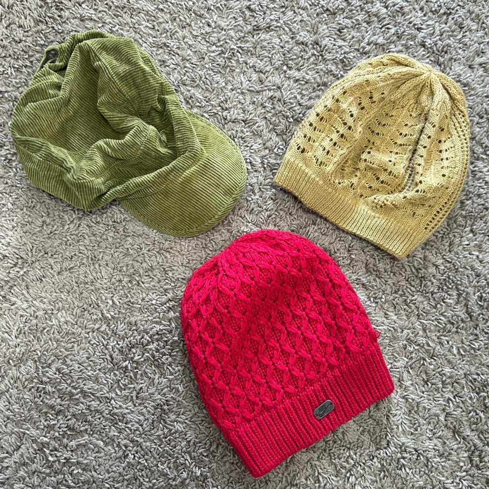 Knit Beanie Set - Green, Yellow, Pink
